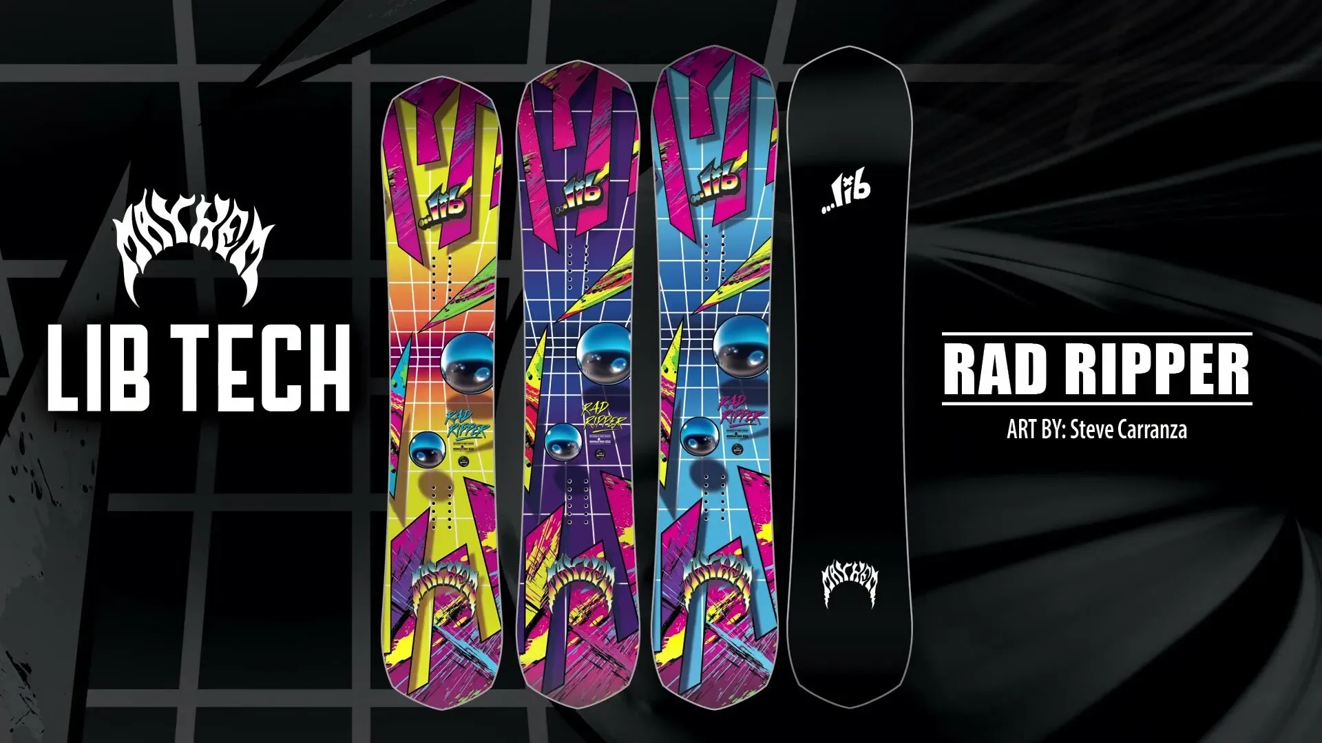 Lib Tech Mayhem Rad Ripper 2025 - трите цвята и черната база с логото на Mayhem