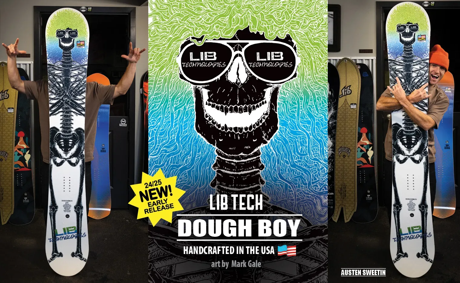 Austen Sweetin с Lib Tech Doughboy 2024/25 - графиката със скелета на Mark Gale отгоре и отдолу